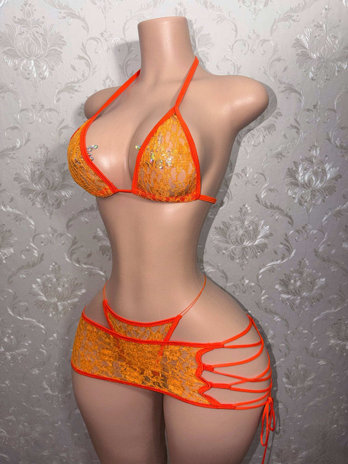 Orange Squeezy Kawaii Lace Micro Skirt Set Fits XS-M