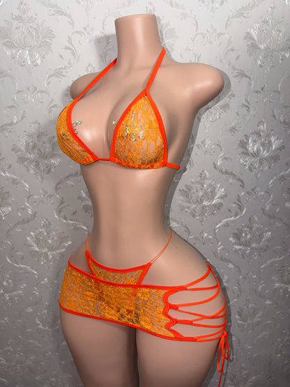 Orange Squeezy Kawaii Lace Micro Skirt Set Fits XS-M