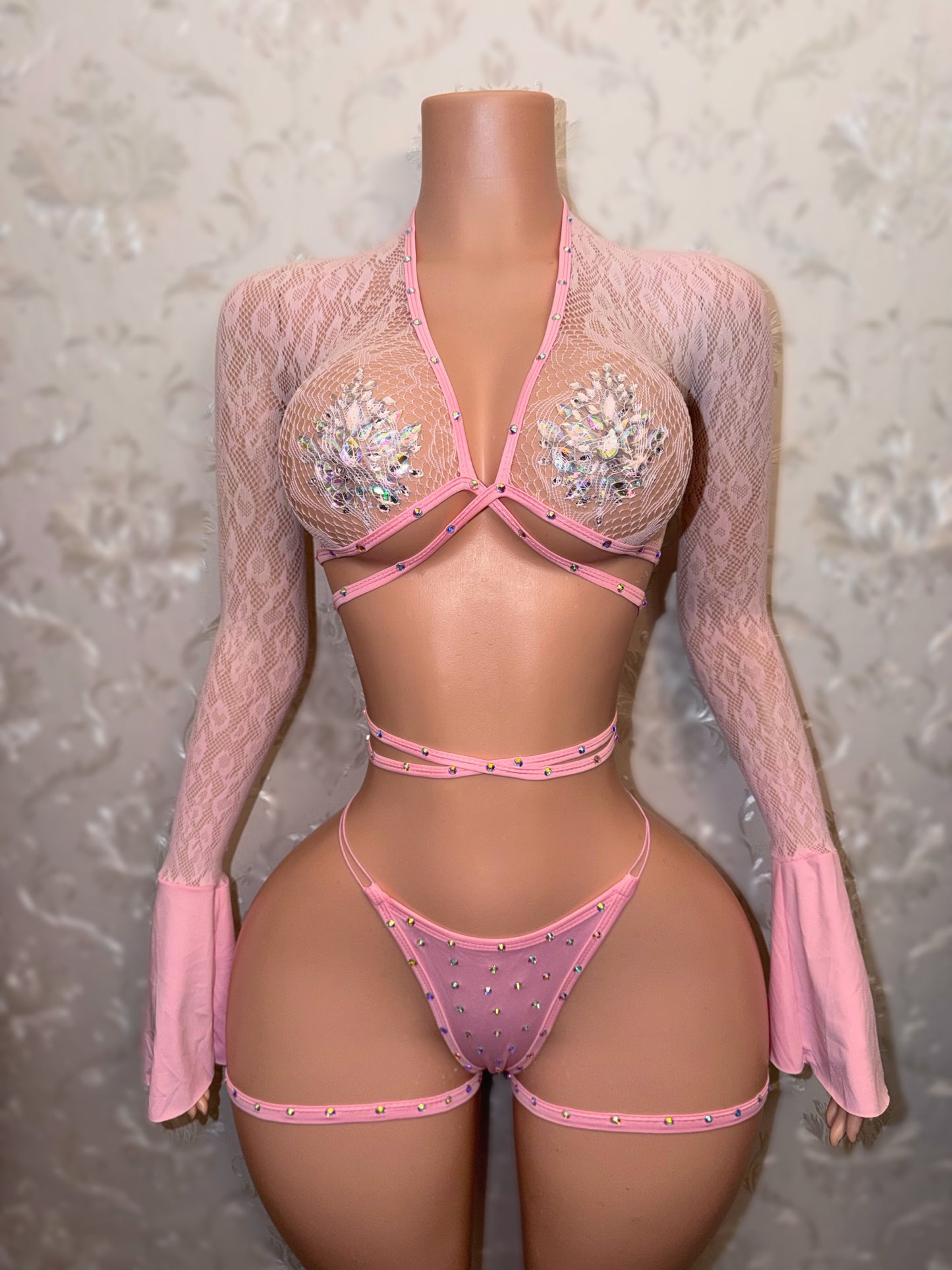 Sweetie Fishnet 3 Piece Bell Sleeve Set with Garters