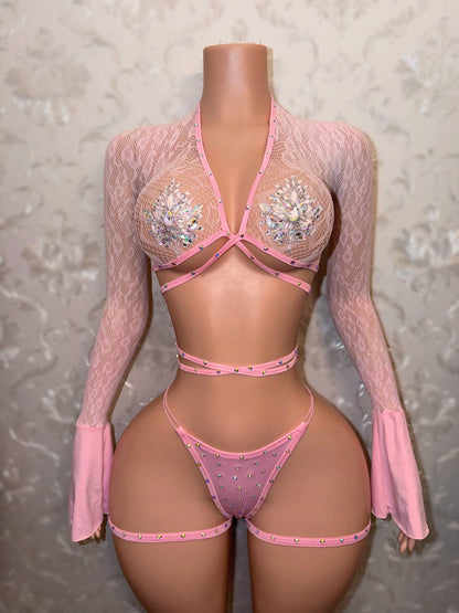 Sweetie Fishnet 3 Piece Bell Sleeve Set with Garters