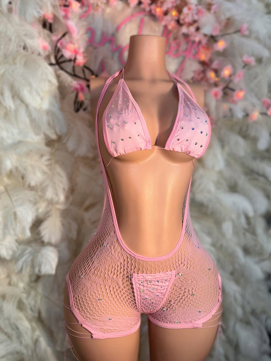 Plain Jane — 3 Piece Bikini and Lightly Stoned Hammock Fishnet Overalls Set Fits XS-L