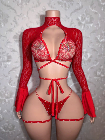 Sweetie Fishnet 3 Piece Bell Sleeve Set with Garters