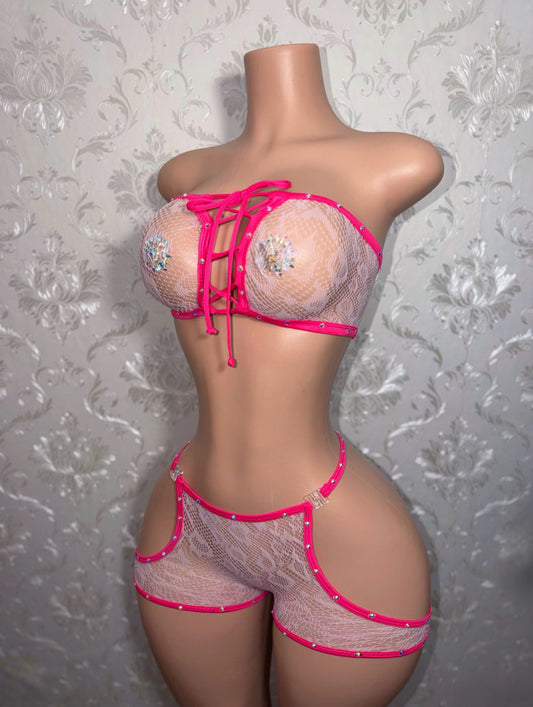 Bia Two Tone Pink Cheetah Fishnet Shorts Set Fits XS-M