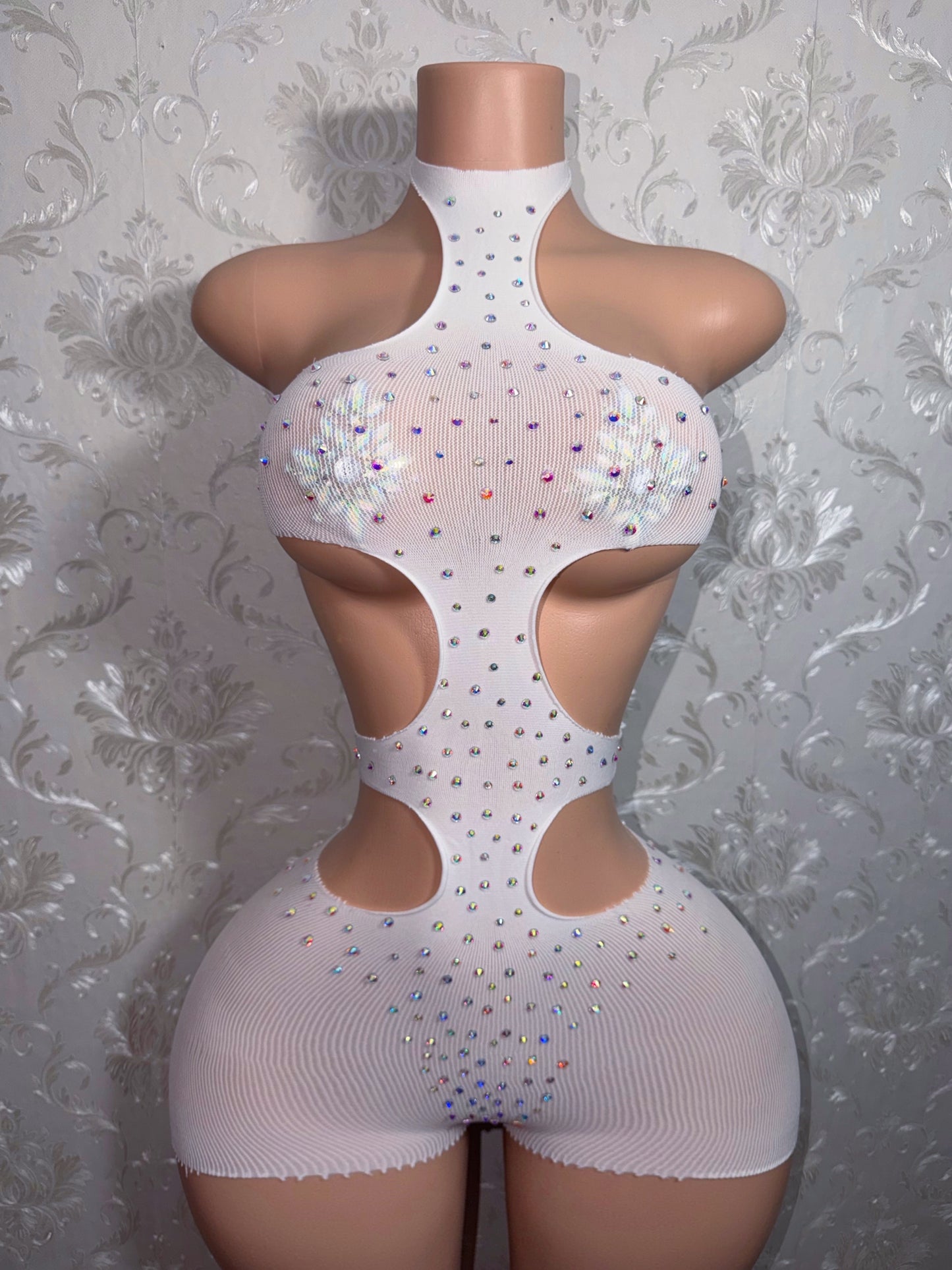 Iced Out Sheer Mesh Romper Optional Extra Stones Fits S-L