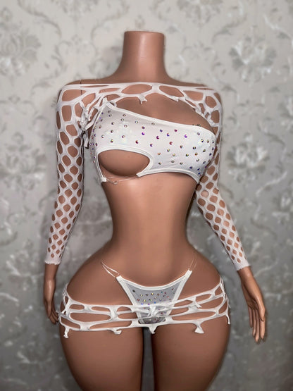 Mylk Asymmetrical 4 Piece Set With Fishnet Micro Skirt & Shawl Fits S-L