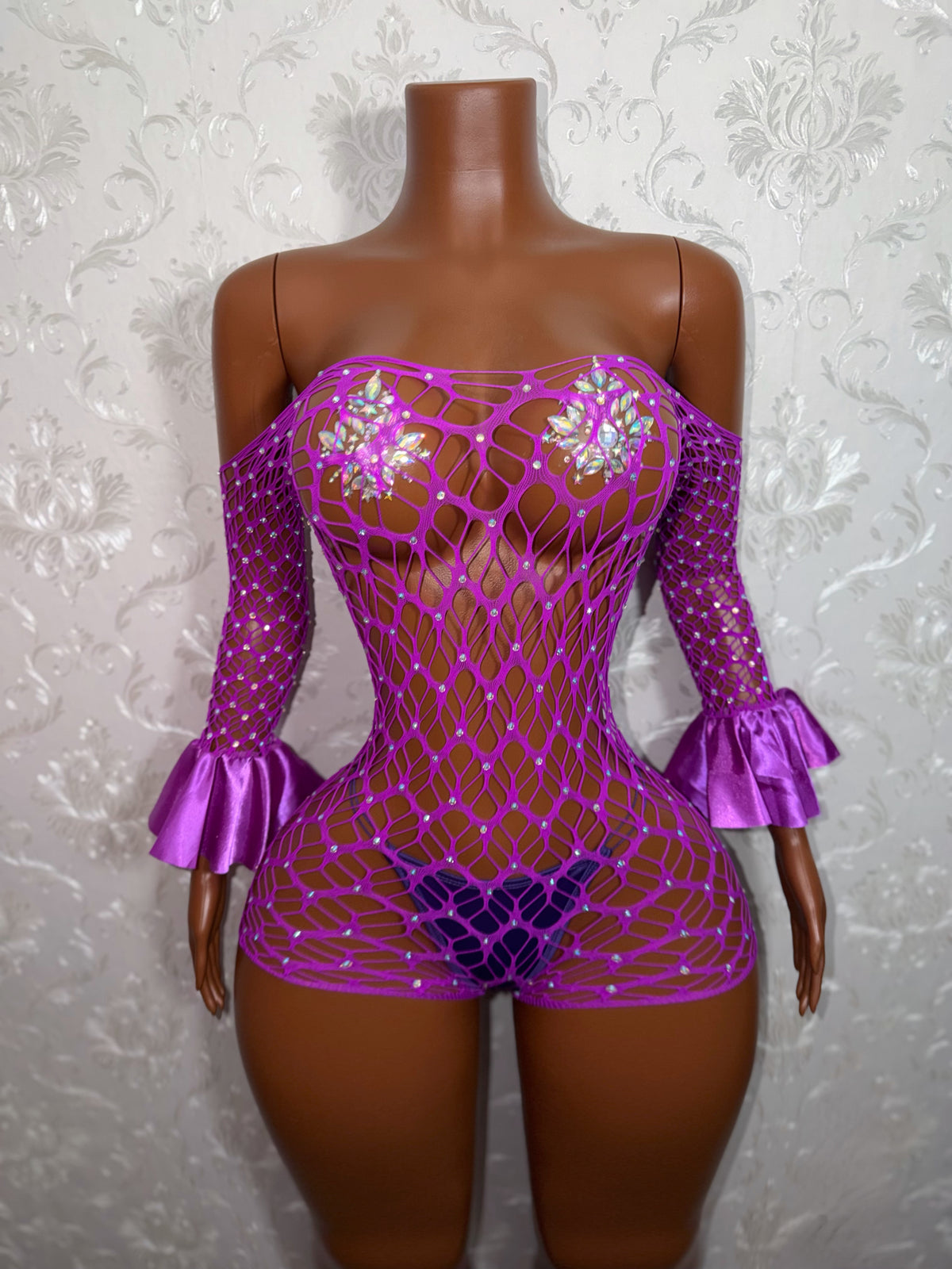 Kayla Off Shoulder Rhinestone Fishnet Romper Fits XS-M