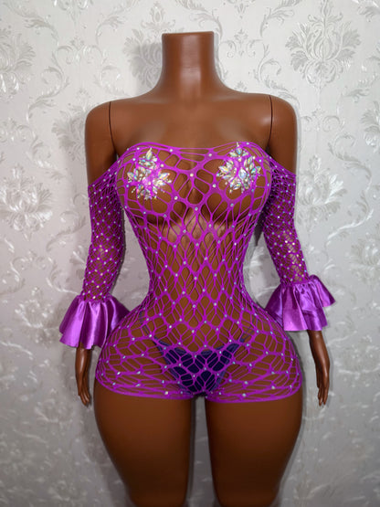 Kayla Off Shoulder Rhinestone Fishnet Romper Fits XS-M