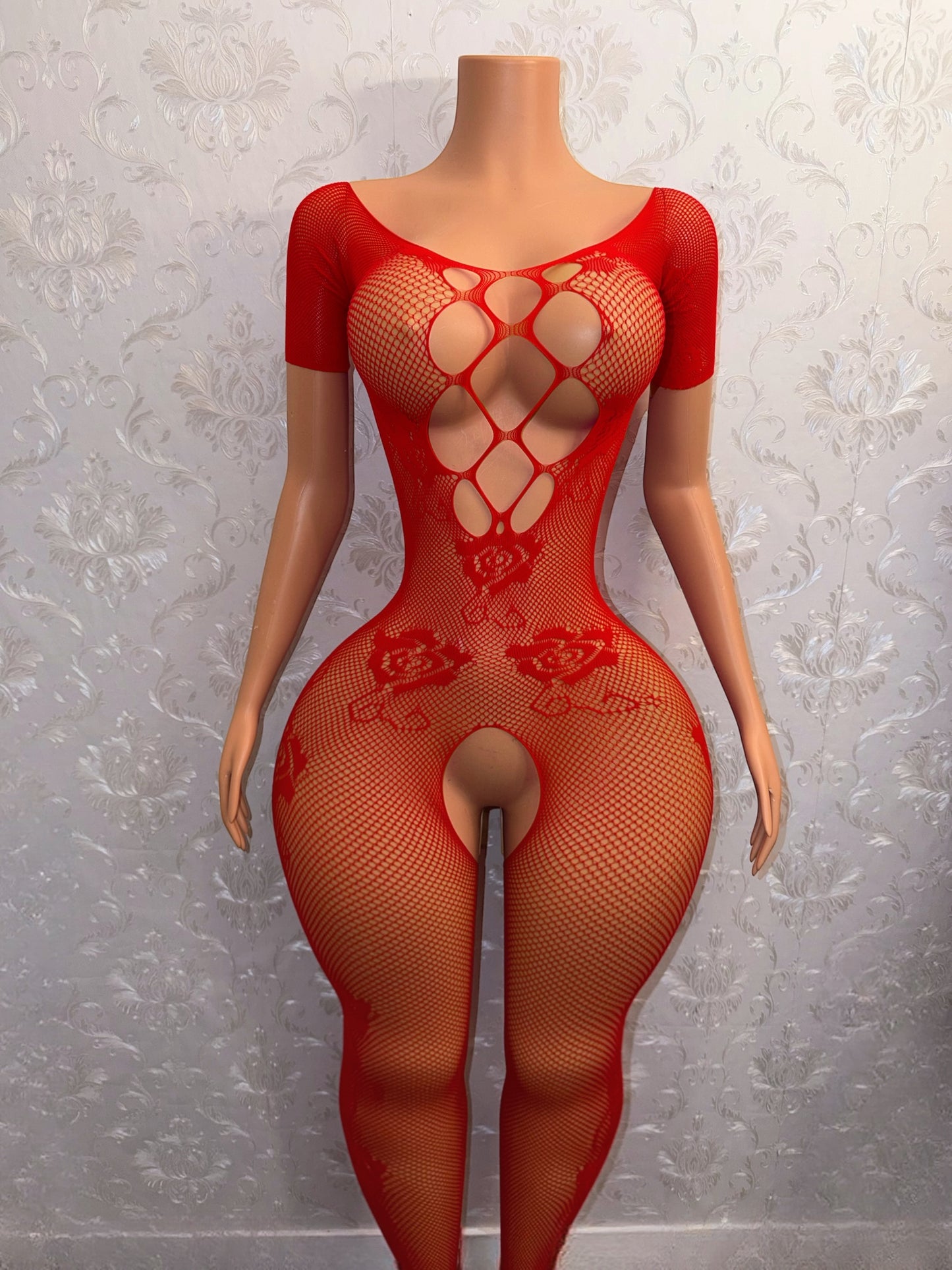 Rosé Short Sleeve Fishnet Bodystocking Fits XS-M