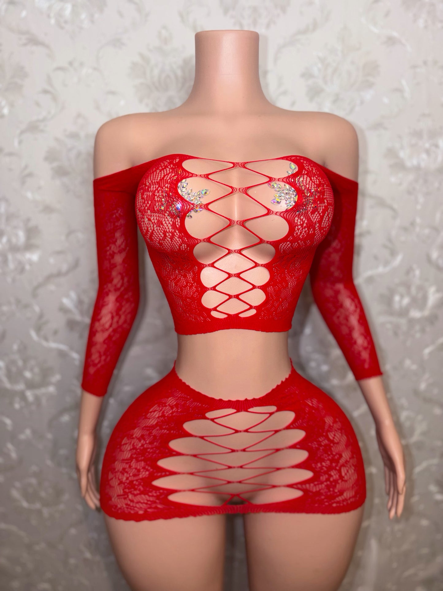 Harmonie Off Shoulder Fishnet Lace Skirt Set Fits XS-L