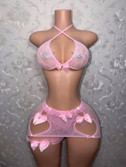 Harajuku Princess Baby Pink Fishnet Skirt Set and Garters Optional Thong Fits XS-M