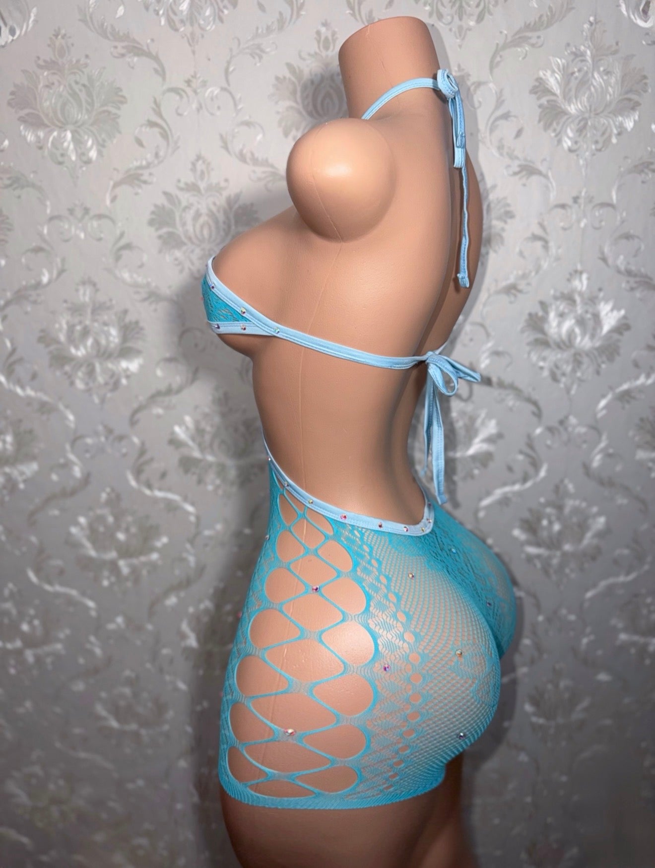 Blue Dream Vixen Halter Fishnet Romper With Rhinestones Fits XS-L