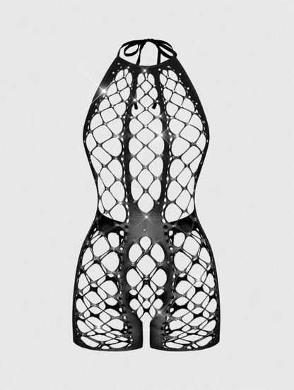 Giana Rhinestone Fishnet Romper Fits XS-L