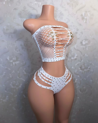 Natina Extra Rhinestones 2 Piece Cheeky Fishnet Set Fits All