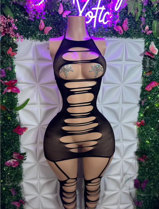 Seductress — Cut Out Mesh Dress with Knee High Garter Stocking fits S-XL