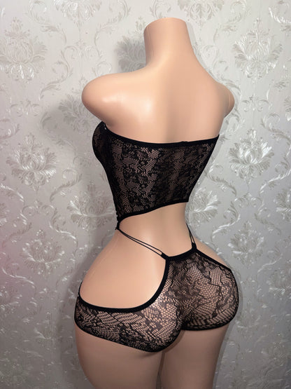 Serenity Low Rise Fishnet Lace Bumster Romper Fits S-M
