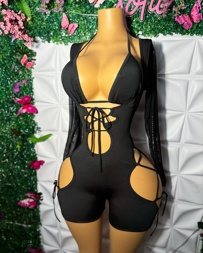 Serve Me Up — New Bottle Girl Romper with Matching Bra 2 Piece Set with Mesh Sleeves