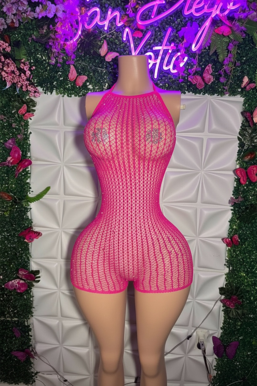 Serena Halter Fishnet Romper with Rhinestones Fits XS-XL