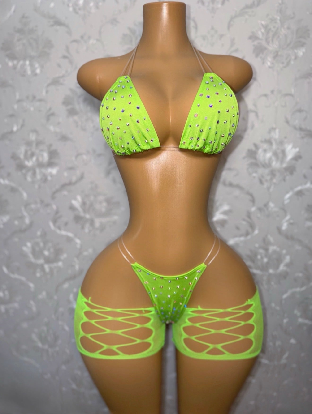 Kiwi Rhinestone 3 Piece Includes Cut Off Fishnet Shorts