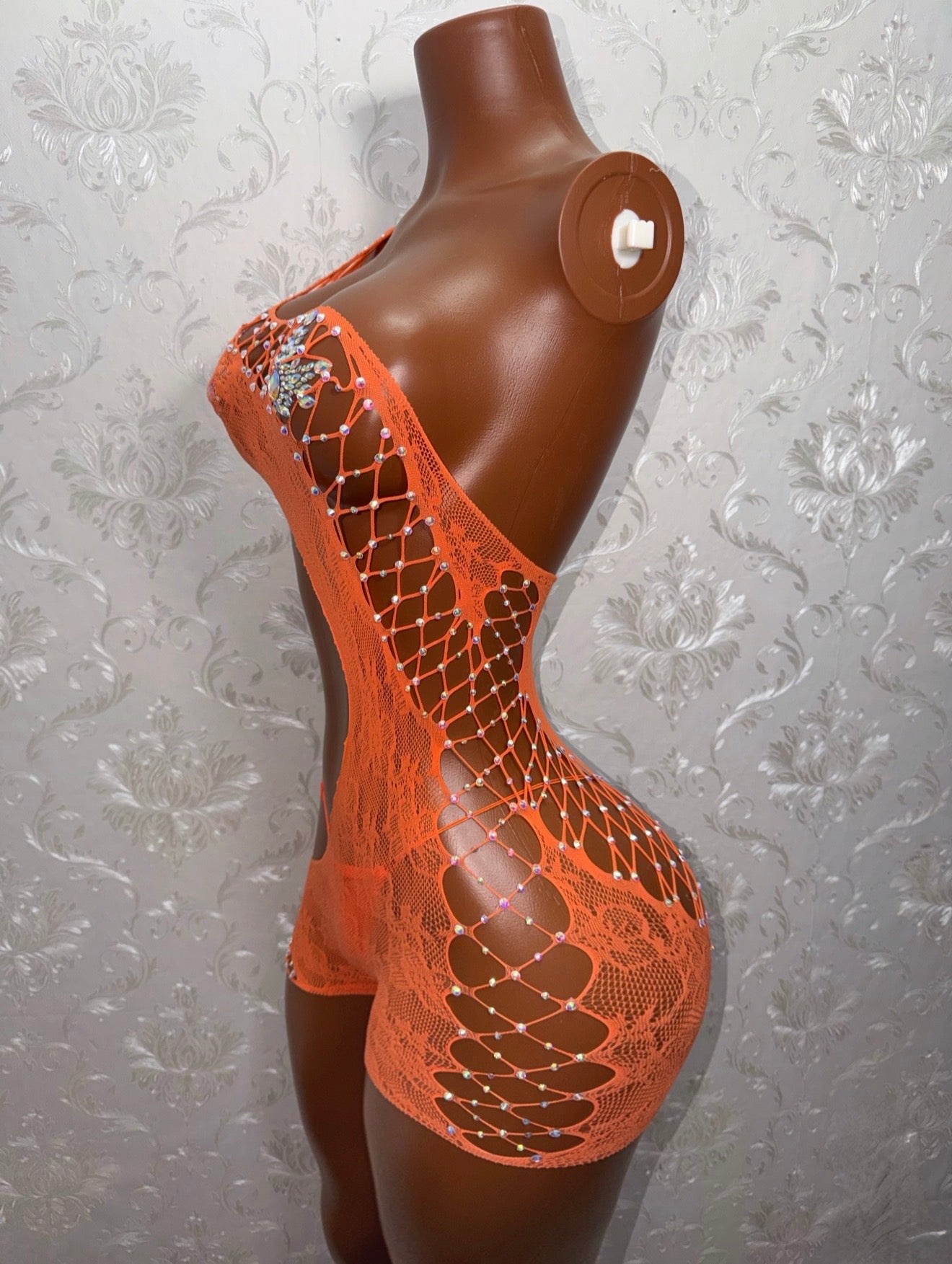 Orange Soda Lace Detail Cutout Fishnet Romper In Orange Fits XS-Lr