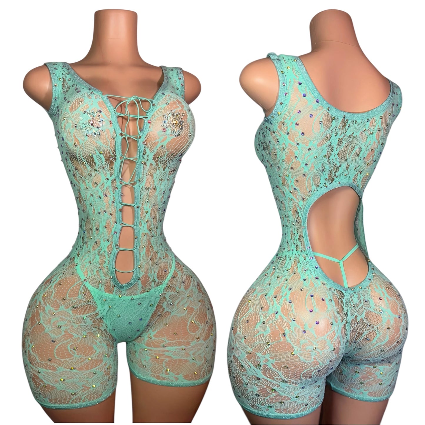 Enchantress Rhinestone Lace Fishnet Romper Set Fits XS-L