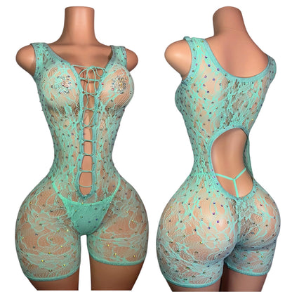 Enchantress Rhinestone Lace Fishnet Romper Set Fits XS-L