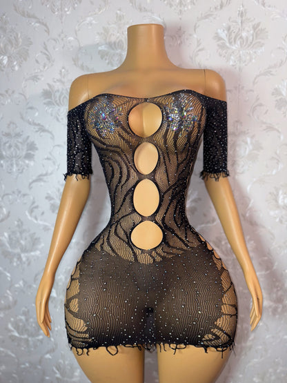 Vendetta Bedazzled Rhinestone Zebra Fishnet Dress XS-L