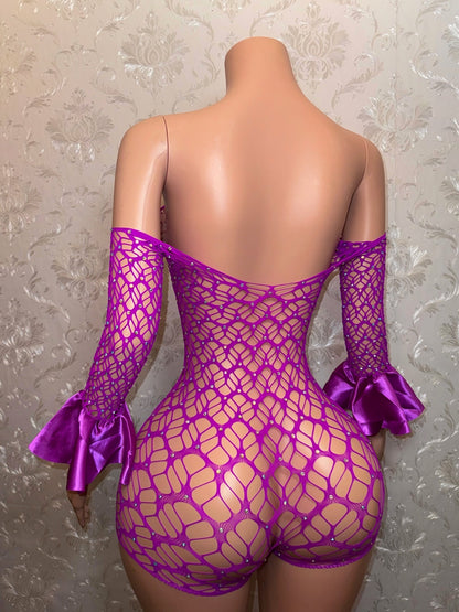 Kayla — Off Shoulder Fishnet Romper Fits XS-M
