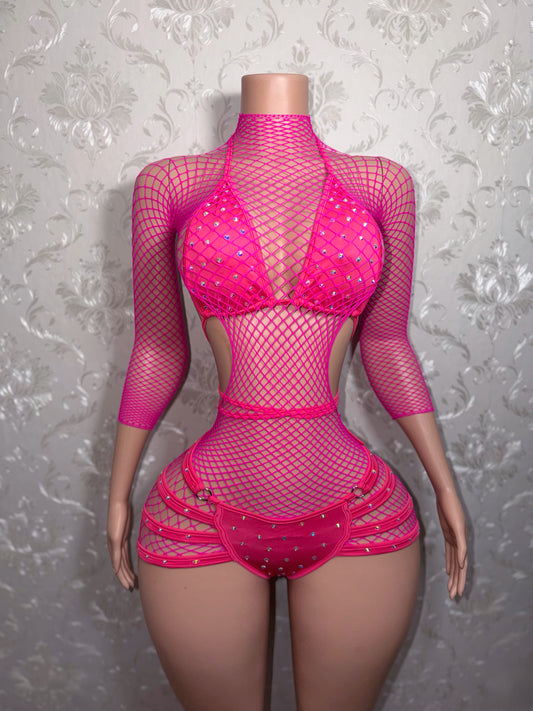 Georgia Peach 2.0 + Lex Fishnet Dress 3 Piece Set Fits S-M