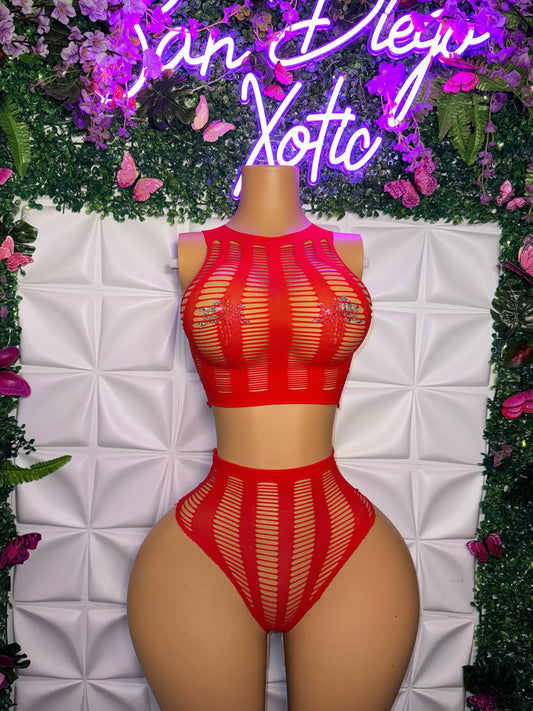 Moon Child Fishnet Slit Crop Tank and Thong Set Fits XS-L