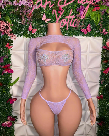 Kawaii — Lace Long Sleeve Crop Top and Thong 2 Piece Fits XS-L