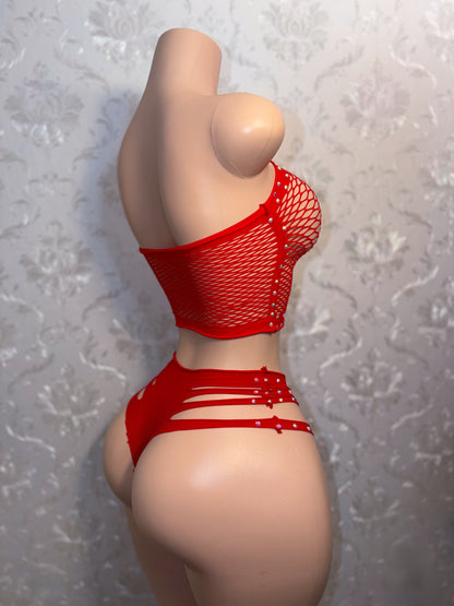 Natina Cheeky Fishnet Bra and Thong Set With Rhinestones One Size Fits All