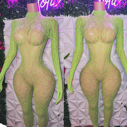 Sherice — Fishnet Cheetah Bodystocking with Gloved Sleeve Fits XS-XL