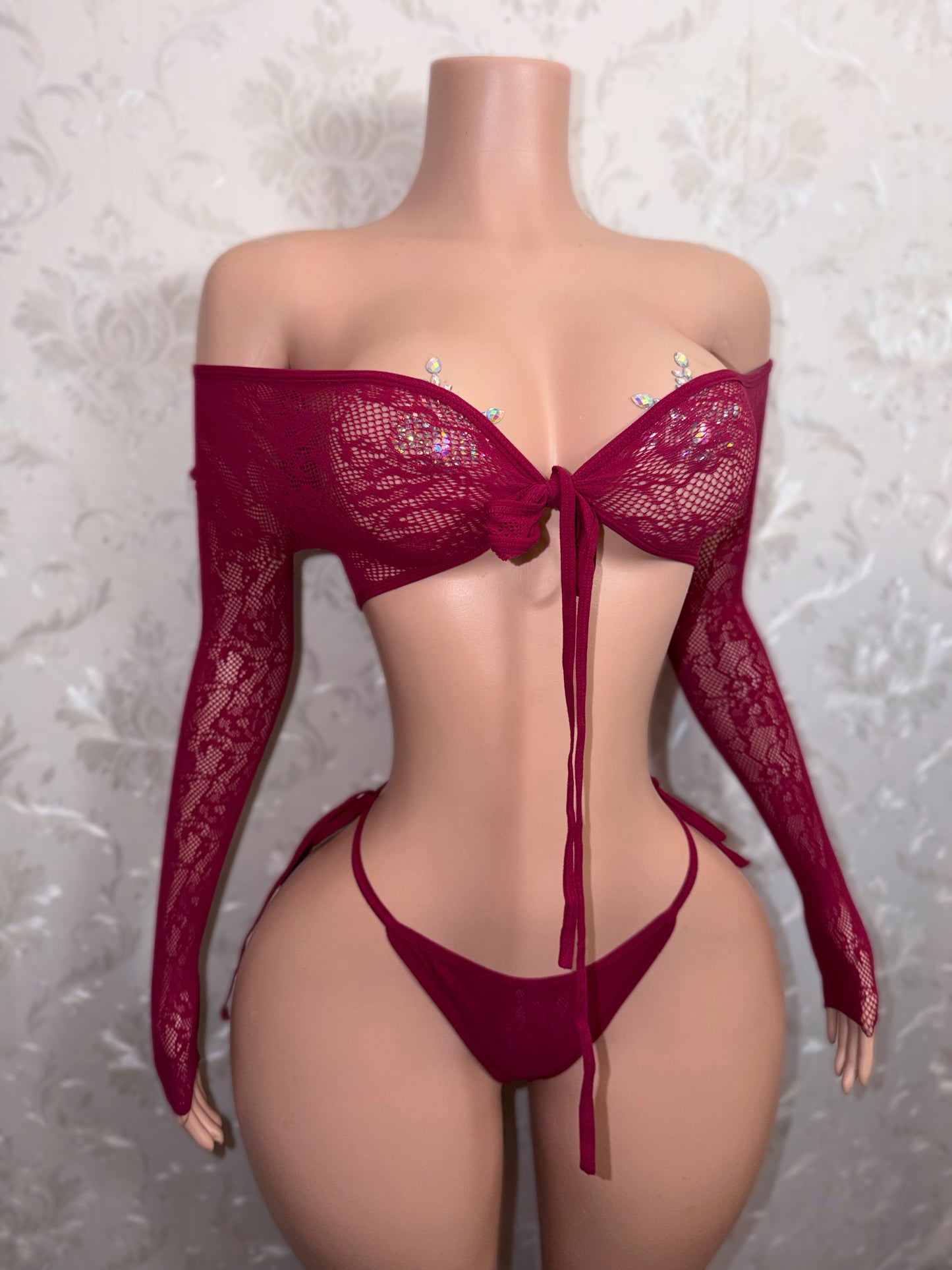 Venus Fishnet Criss Crossed Long Sleeve Top and Thong Fits XS-L