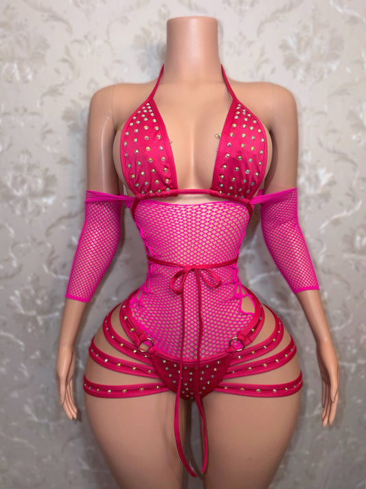 Hot Pink Georgia Peach + Teyana Fishnet Dress 3 Piece Set Fits XS-M