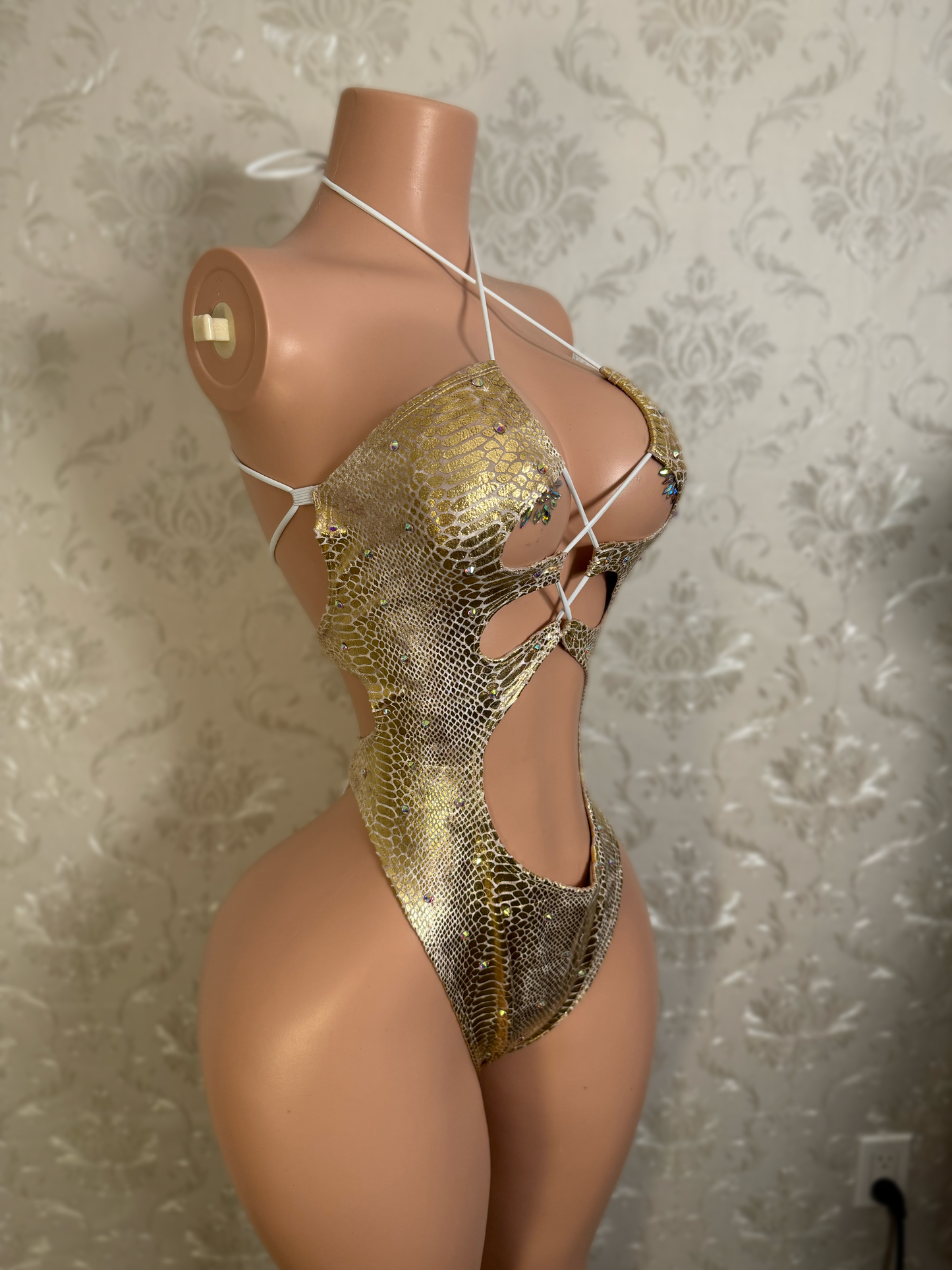 Athena — Gold Snakeskin One Piece with Rhinestones