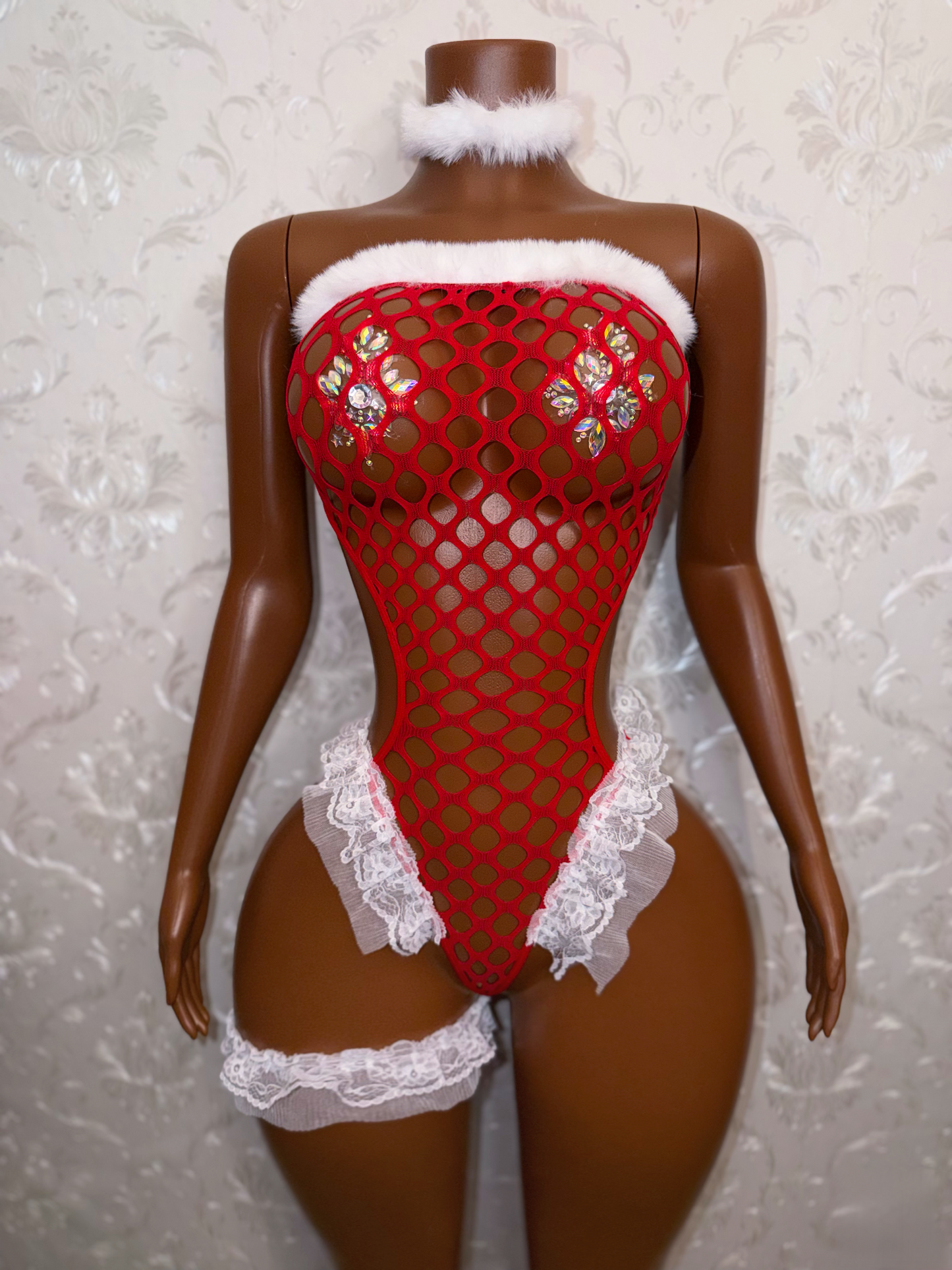 Snow Fairy Fishnet Bodysuit Lace Ruffle Trim 3 Piece Set Fits XS-M