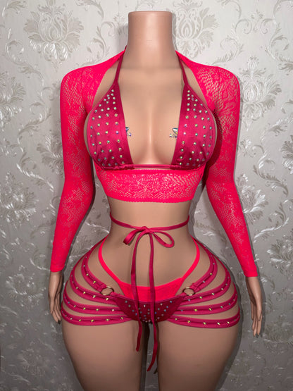 Watermelon Pink Georgia Peach Kawaii Fishnet 4 Piece Shorts Set Fits XS-M