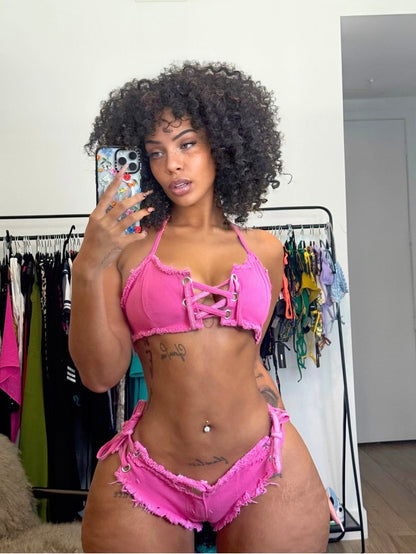 Amirah- 2 Piece Distressed Ultra Mini Denim Shorts Set