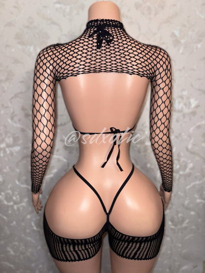 Rhinestone Meshkini 3 Piece Fishnet Bikini Set with Shawl Optional Cut-off Shorts Fits XS-L