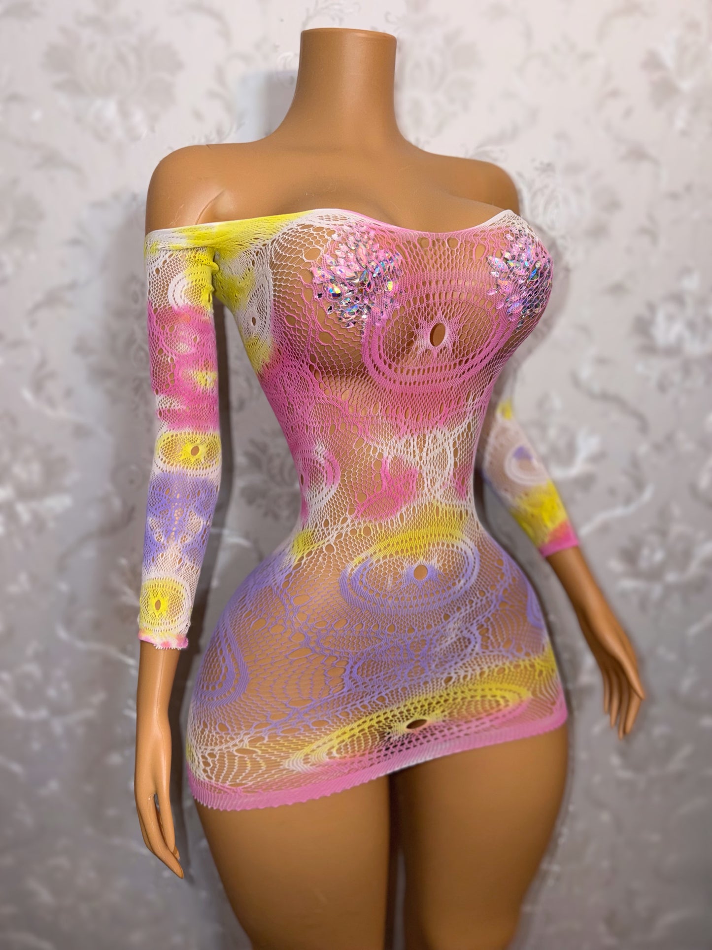 Eye of the Tiger Off Shoulder Fishnet Dress Fits XS-L