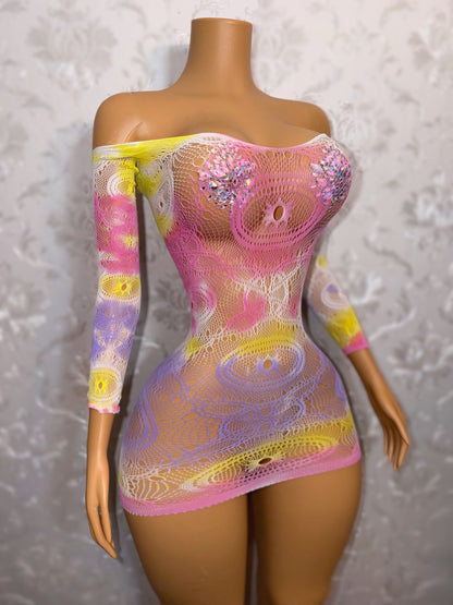 Eye of the Tiger Off Shoulder Fishnet Dress Fits XS-L