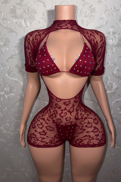 Sherice Cheetah Fishnet Romper + Martina Bikini 3 Piece Set Fits XS-L