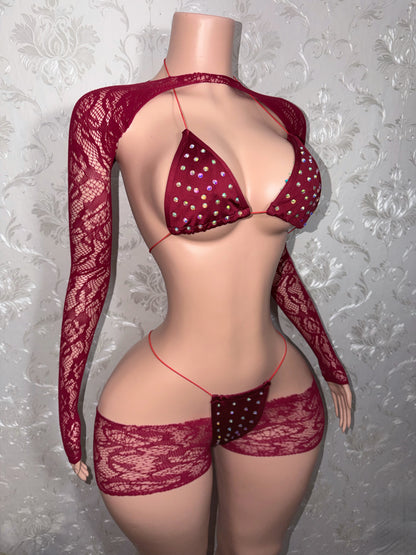 Sangria Suriyah Fishnet Cutoff Shorts Bikini and Shrug 4 Piece Set Fits XS-L