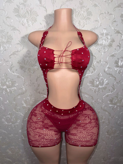 Foxy Burgundy Fishnet Romper Optional Thong Fits M-L