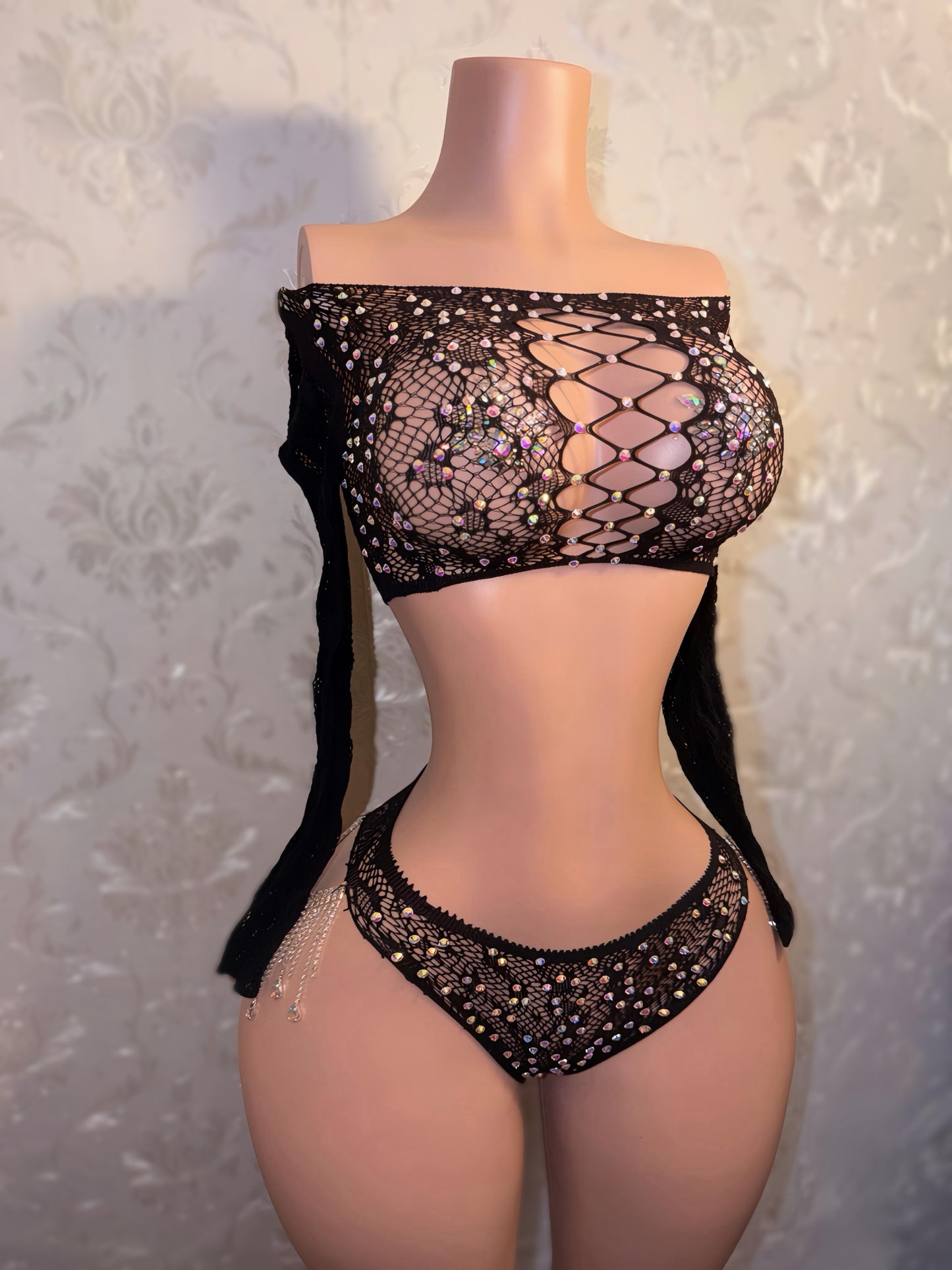 Riley Rhinestone Long Sleeve Cheetah Fishnet Tassel Thong Set Fits XS-L