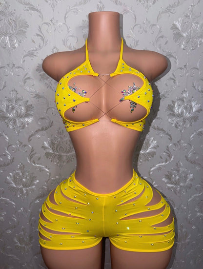 Butter Yellow Valentina Slit Shorts Set fits S-L
