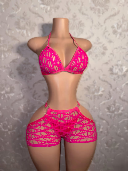 Desiree Rhinestone Fishnet Chaps Clasp Shorts Set Fits S-L