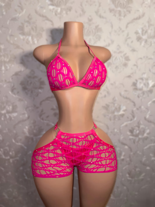 Desiree Rhinestone Fishnet Chaps Clasp Shorts Set Fits S-L