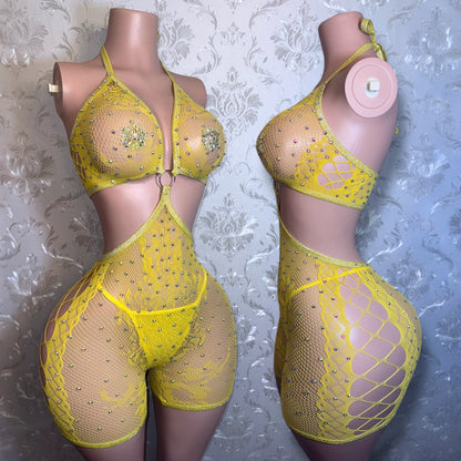 SPICE GIRL — Yellow Lace Fishnet Romper with Thong