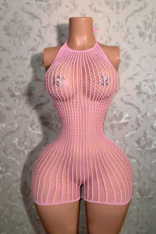 Serena Halter Fishnet Romper Fits XS-XL